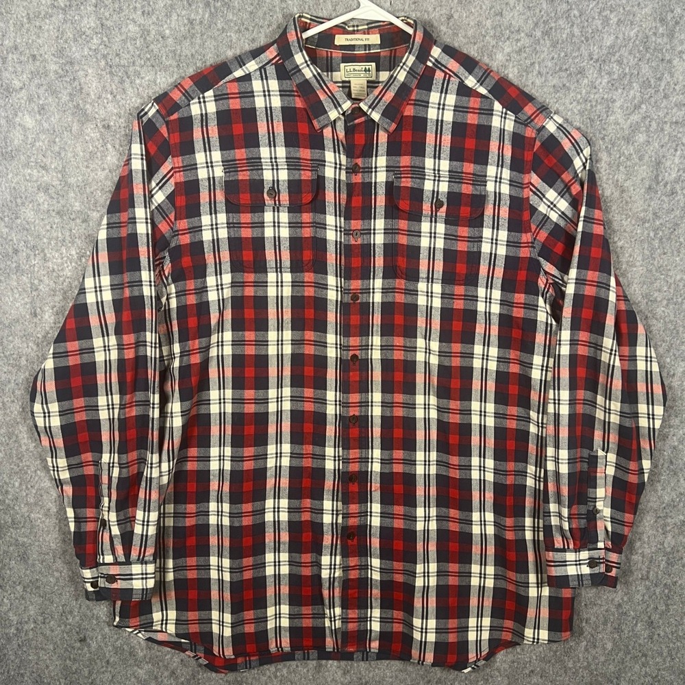LL Bean Men's XXL Tall Flannel Shirt Red Navy Blue Plaid Traditional Fit 285286